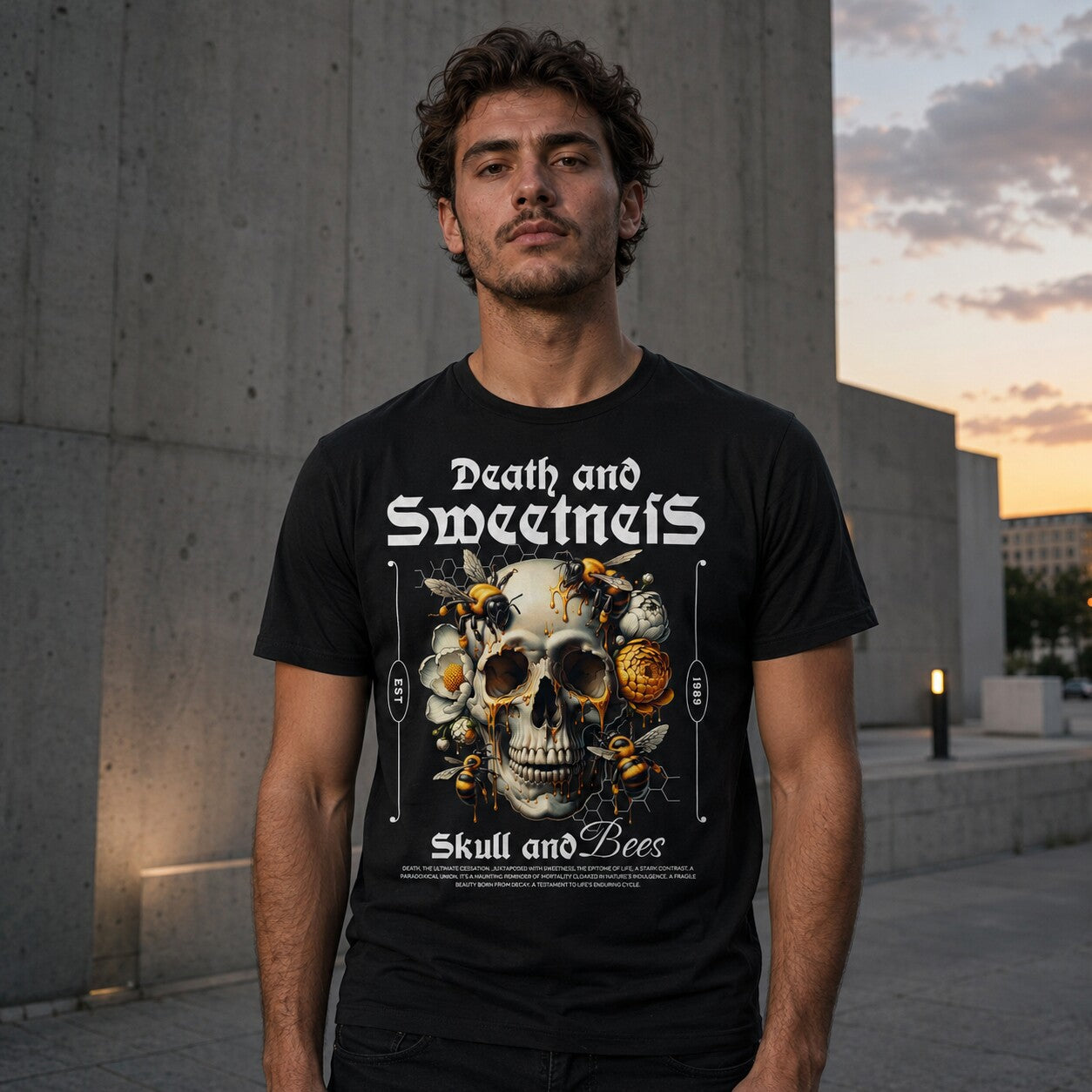 Männliches Model trägt das schwarze Skull & Bee T-Shirt von Level Ten