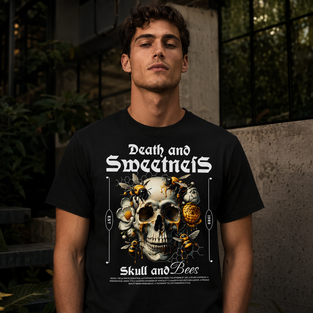 Männliches Model trägt das schwarze Skull & Bee T-Shirt von Level Ten